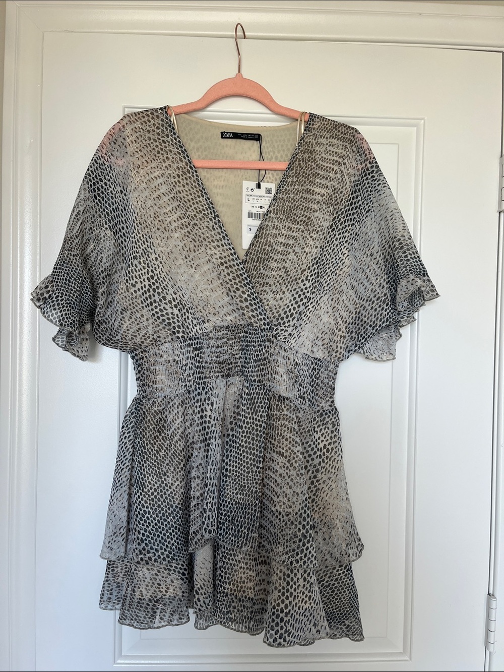 Zara Gray Snake-Print Mini Dress with Flutter Sleeves
